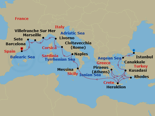 21 Night - Iconic Mediterranean Treasures - Viking Mira - Starting in Istanbul, Troy (Canakkale), Ephesus (Kusadasi), Rhodes, Crete (Heraklion), Athens (Piraeus), Ephesus (Kusadasi), Crete (Heraklion), Sail the Ionian Sea, Sicily (Messina), Naples, Rome (Civitavecchia), Florence / Pisa (Livorno), Villefranche-Sur-Mer, Marseille, Sete, Barcelona itinerary map