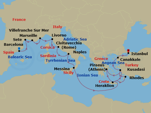 21 Night - Iconic Mediterranean Treasures - Viking Mira - Starting in Barcelona, Sete, Marseille, Villefranche-Sur-Mer, Florence / Pisa (Livorno), Rome (Civitavecchia), Naples, Sicily (Messina), Sail the Ionian Sea, Crete (Heraklion), Ephesus (Kusadasi), Athens (Piraeus), Crete (Heraklion), Rhodes, Ephesus (Kusadasi), Troy (Canakkale), Istanbul itinerary map