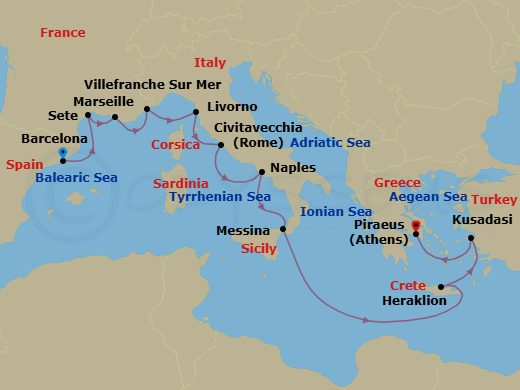 14 Night - Mediterranean Antiquities - Viking Mira - Starting in Barcelona, Sete, Marseille, Villefranche-Sur-Mer, Florence / Pisa (Livorno), Rome (Civitavecchia), Naples, Sicily (Messina), Sail the Ionian Sea, Crete (Heraklion), Ephesus (Kusadasi), Athens (Piraeus) itinerary map