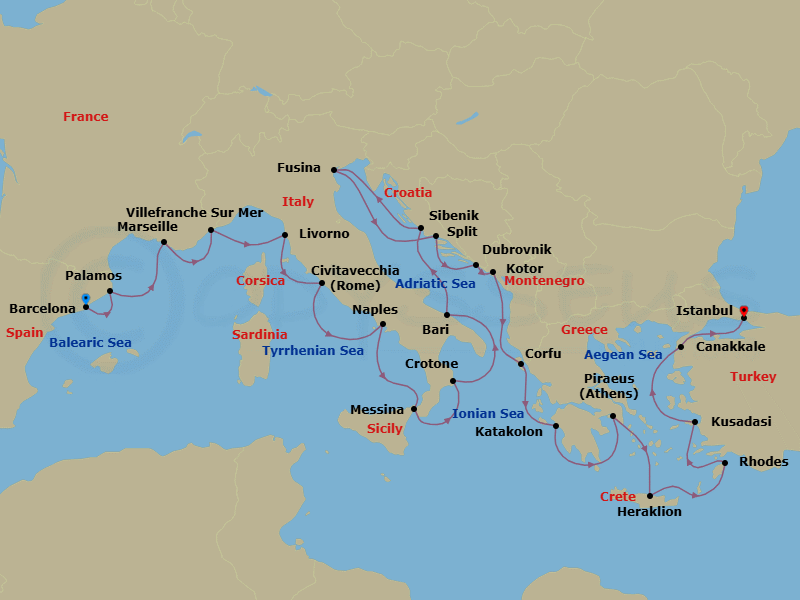 28 Night - Mediterranean's Iconic Shores - Viking Mars - Starting in Barcelona, Palamos, Marseille, Villefranche-Sur-Mer, Florence / Pisa (Livorno), Rome (Civitavecchia), Naples, Sicily (Messina), Crotone, Bari, Sibenik, Venice (Fusina), Split, Dubrovnik, Croatia, Kotor, Corfu (Kerkyra), Katakolon (Olympia), Athens (Piraeus), Crete (Heraklion), Rhodes, Ephesus (Kusadasi), Troy (Canakkale), Istanbul itinerary map