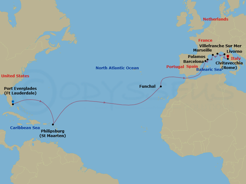20 Night - Atlantic & Mediterranean Horizons - Viking Mars - Starting in Fort Lauderdale, Florida, Sail the Caribbean Sea, Philipsburg, Sail the Atlantic Ocean, Madeira (Funchal), Sail the Atlantic Ocean, Sail the Mediterranean Sea, Barcelona, Palamos, Marseille, Villefranche-Sur-Mer, Florence / Pisa (Livorno), Rome (Civitavecchia) itinerary map