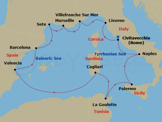 14 Night - Jewels of the Mediterranean - Viking Libra - Starting in Rome (Civitavecchia), Florence / Pisa (Livorno), Villefranche-Sur-Mer, Marseille, Sete, Barcelona, Valencia, Sail the Mediterranean Sea, Sardinia (Cagliari), Tunis (La Goulette), Palermo, Sicily, Naples, Rome (Civitavecchia) itinerary map