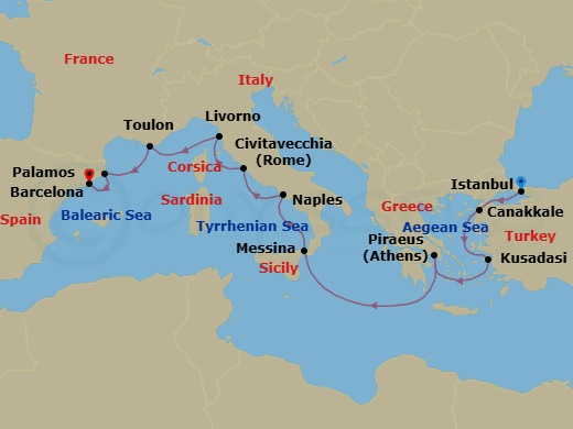 11 Night - Cinematic Shores - Seven Seas Splendor - Starting in Istanbul, Canakkale (Troy), Kusadasi, Athens (Piraeus), Cruising the Ionian Sea, Messina (Sicily), Naples / Pompeii, Rome (Civitavecchia), Tuscany (Livorno), Toulon, Palamos, Barcelona itinerary map