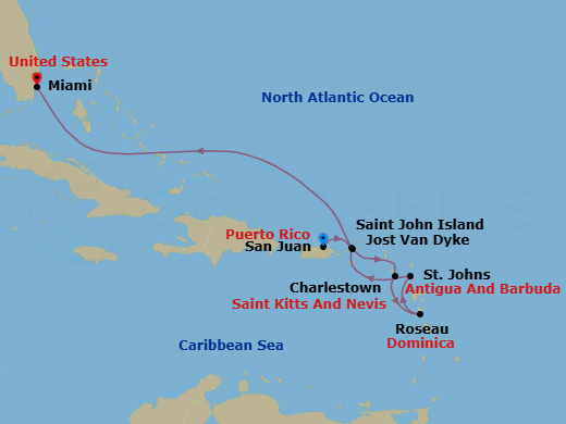 8 Night - San Juan to Miami - Silver Nova - Starting in San Juan, St John VI, Charlestown, Nevis, Roseau, St Johns, Jost Van Dyke, British Virgin Islands, Miami, Fl itinerary map
