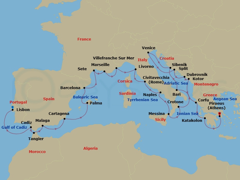 28 Night - Mediterranean Explorer - Viking Neptune - Starting in Lisbon, Seville (Cadiz), Tangier, Granada (Malaga), Murcia (Cartagena ES, Spain), Palma De Mallorca, Barcelona, Sete, Marseille, Villefranche-Sur-Mer, Florence / Pisa (Livorno), Rome (Civitavecchia), Naples, Sicily (Messina), Crotone, Bari, Sibenik, Venice, Split, Dubrovnik, Croatia, Kotor, Corfu (Kerkyra), Katakolon (Olympia), Athens (Piraeus) itinerary map