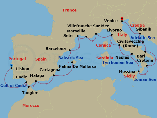 21 Night - Adriatic & Mediterranean Discovery - Viking Neptune - Starting in Lisbon, Seville (Cadiz), Tangier, Granada (Malaga), Murcia (Cartagena ES, Spain), Palma De Mallorca, Barcelona, Sete, Marseille, Villefranche-Sur-Mer, Florence / Pisa (Livorno), Rome (Civitavecchia), Naples, Sicily (Messina), Crotone, Bari, Sibenik, Venice itinerary map