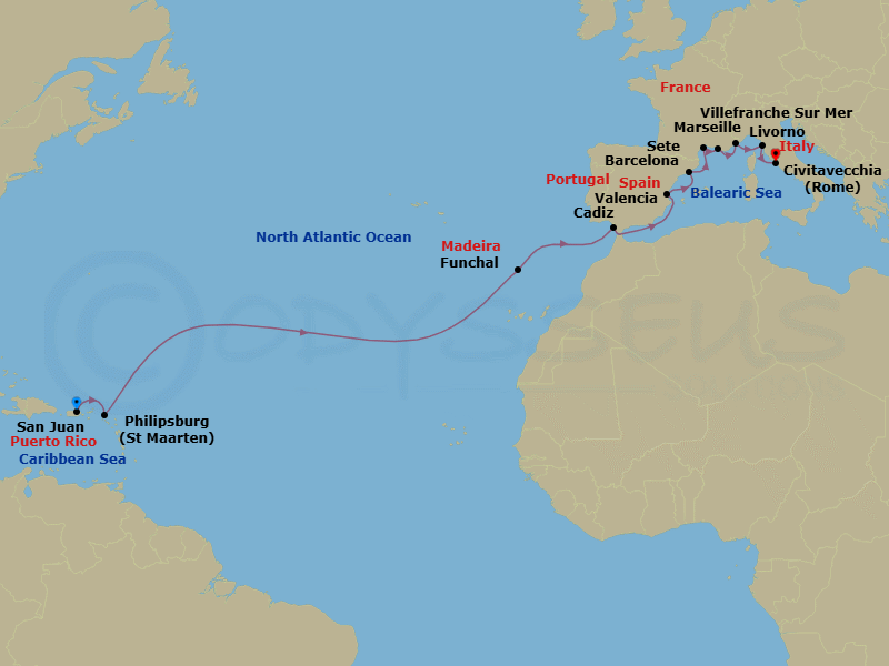 20 Night - Mediterranean & Atlantic Crossing - Viking Sea - Starting in San Juan, Philipsburg, Sail the Atlantic Ocean, Madeira (Funchal), Sail the Atlantic Ocean, Seville (Cadiz), Sail the Alboran Sea, Valencia, Barcelona, Sete, Marseille, Villefranche-Sur-Mer, Florence / Pisa (Livorno), Rome (Civitavecchia) itinerary map