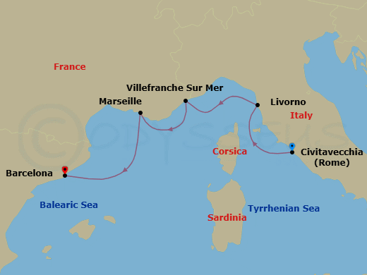 7 Night - Iconic Western Mediterranean - Viking Libra - Starting in Rome (Civitavecchia), Florence / Pisa (Livorno), Villefranche-Sur-Mer, Marseille, Sail the Mediterranean Sea, Barcelona itinerary map
