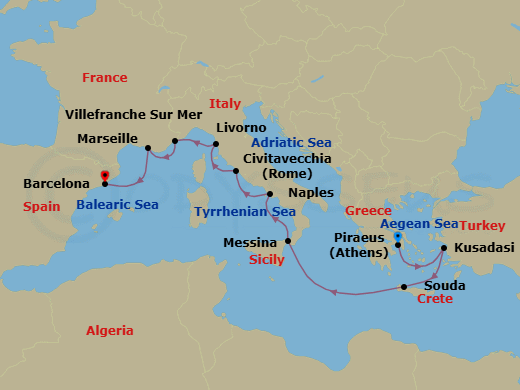 14 Night - Mediterranean Antiquities - Viking Libra - Starting in Athens (Piraeus), Ephesus (Kusadasi), Crete (Souda Bay), Sail the Ionian Sea, Sicily (Messina), Naples, Rome (Civitavecchia), Florence / Pisa (Livorno), Villefranche-Sur-Mer, Marseille, Sail the Mediterranean Sea, Barcelona itinerary map