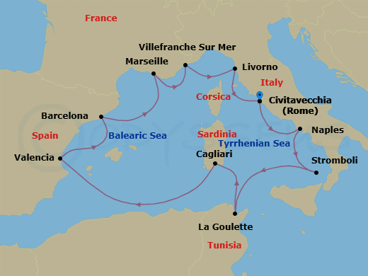 14 Night - Jewels of the Mediterranean - Viking Vesta - Starting in Rome (Civitavecchia), Naples, Scenic Sailing Stromboli, Tunis (La Goulette), Sardinia (Cagliari), Sail the Mediterranean Sea, Valencia, Barcelona, Marseille, Villefranche-Sur-Mer, Florence / Pisa (Livorno), Rome (Civitavecchia) itinerary map