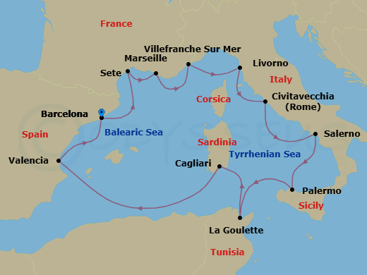 14 Night - Gems of the Mediterranean - Viking Star - Starting in Barcelona, Sete, Marseille, Villefranche-Sur-Mer, Florence / Pisa (Livorno), Rome (Civitavecchia), Salerno, Palermo, Sicily, Tunis (La Goulette), Sardinia (Cagliari), Sail the Mediterranean Sea, Valencia, Barcelona itinerary map