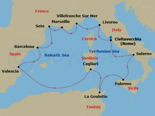 14 Night - Jewels of the Mediterranean - Viking Star - Starting in Rome (Civitavecchia), Salerno, Palermo, Sicily, Tunis (La Goulette), Sardinia (Cagliari), Sail the Mediterranean Sea, Valencia, Barcelona, Sete, Marseille, Villefranche-Sur-Mer, Florence / Pisa (Livorno), Rome (Civitavecchia) itinerary map
