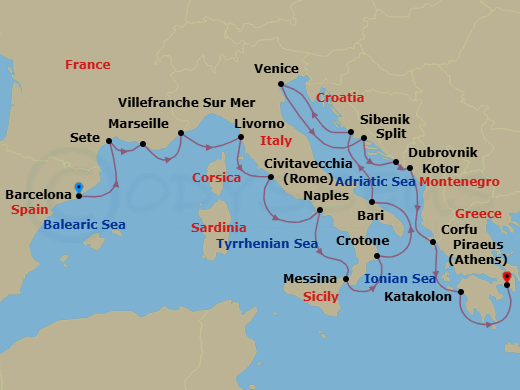 21 Night - Mediterranean & Adriatic Sojourn - Viking Vesta - Starting in Barcelona, Sete, Marseille, Villefranche-Sur-Mer, Florence / Pisa (Livorno), Rome (Civitavecchia), Naples, Sicily (Messina), Crotone, Bari, Sibenik, Venice, Split, Dubrovnik, Croatia, Kotor, Corfu (Kerkyra), Katakolon (Olympia), Athens (Piraeus) itinerary map