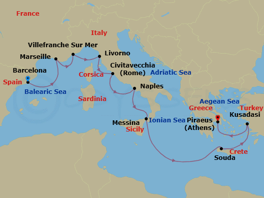 14 Night - Mediterranean Antiquities - Viking Vesta - Starting in Barcelona, Marseille, Villefranche-Sur-Mer, Florence / Pisa (Livorno), Rome (Civitavecchia), Naples, Sicily (Messina), Sail the Ionian Sea, Crete (Souda Bay), Ephesus (Kusadasi), Athens (Piraeus) itinerary map