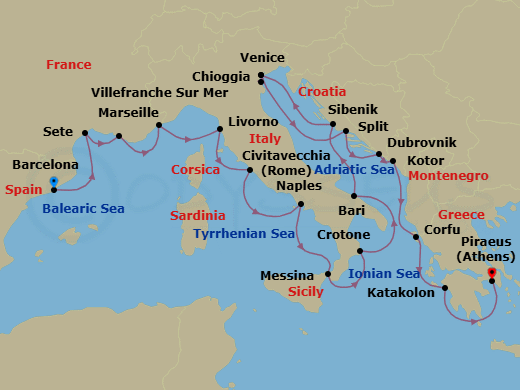 21 Night - Mediterranean & Adriatic Sojourn - Viking Star - Starting in Barcelona, Sete, Marseille, Villefranche-Sur-Mer, Florence / Pisa (Livorno), Rome (Civitavecchia), Naples, Sicily (Messina), Crotone, Bari, Sibenik, Venice, Venice (Chioggia), Venice, Split, Dubrovnik, Croatia, Kotor, Corfu (Kerkyra), Katakolon (Olympia), Athens (Piraeus) itinerary map