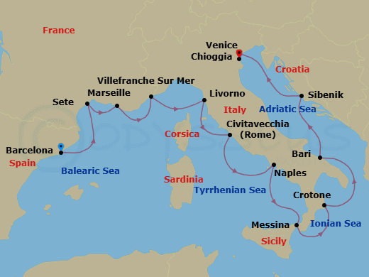 14 Night - Mediterranean & Italian Sojourn - Viking Star - Starting in Barcelona, Sete, Marseille, Villefranche-Sur-Mer, Florence / Pisa (Livorno), Rome (Civitavecchia), Naples, Sicily (Messina), Crotone, Bari, Sibenik, Venice, Venice (Chioggia) itinerary map