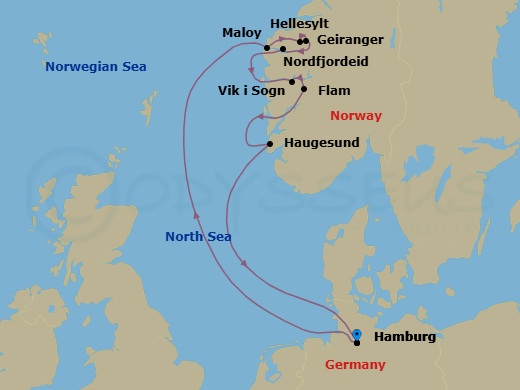 9 Night - North Europe from Hamburg - Costa Favolosa - Starting in Hamburg, Maloy, Hellesylt Tech Call, Geiranger, Norway, Nordfjordeid, Vik-sogn, Flam, Norway, Haugesund (No), Hamburg itinerary map