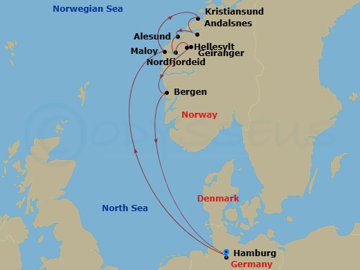 10 Night - North Europe from Hamburg - Costa Favolosa - Starting in Hamburg, Maloy, Kristiansund, Andalsnes, Alesund, Nordfjordeid, Hellesylt Tech Call, Geiranger, Norway, Bergen, Hamburg itinerary map