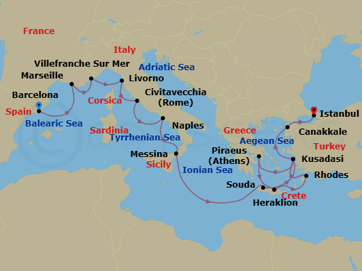 21 Night - Iconic Mediterranean Treasures - Viking Mira - Starting in Barcelona, Sail the Mediterranean Sea, Marseille, Villefranche-Sur-Mer, Florence / Pisa (Livorno), Rome (Civitavecchia), Naples, Sicily (Messina), Sail the Ionian Sea, Crete (Souda Bay), Ephesus (Kusadasi), Athens (Piraeus), Crete (Heraklion), Rhodes, Ephesus (Kusadasi), Troy (Canakkale), Istanbul itinerary map
