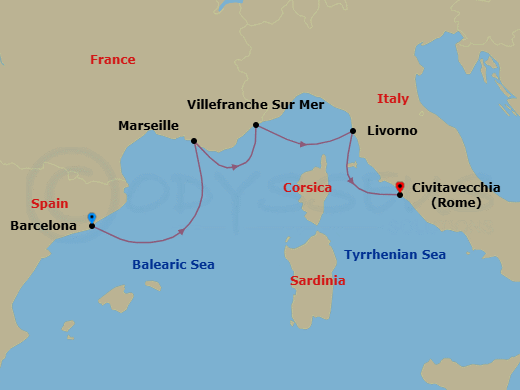 7 Night - Iconic Western Mediterranean - Viking Mira - Starting in Barcelona, Sail the Mediterranean Sea, Marseille, Villefranche-Sur-Mer, Florence / Pisa (Livorno), Rome (Civitavecchia) itinerary map