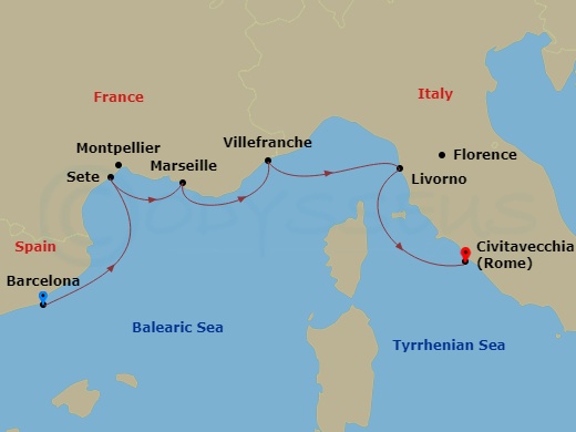 7 Night - Iconic Western Mediterranean - Viking Mira - Starting in Barcelona, Sete, Marseille, Villefranche-Sur-Mer, Florence / Pisa (Livorno), Rome (Civitavecchia) itinerary map