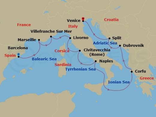 12 Night - Mediterranean Odyssey - Viking Mars - Starting in Barcelona, Marseille, Villefranche-Sur-Mer, Florence / Pisa (Livorno), Rome (Civitavecchia), Naples, Sail the Ionian Sea, Corfu (Kerkyra), Dubrovnik, Croatia, Split, Venice itinerary map
