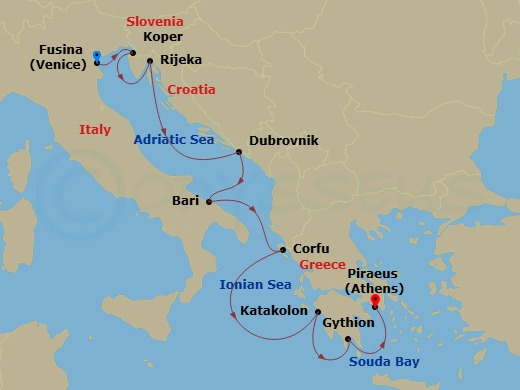 10 Night - Fusina to Athens - Silver Spirit - Starting in Fusina (Venice), Koper, Rijeka, Dubrovnik, Croatia, Bari, Corfu, Katakolon (Olympia), Gythion, Souda Bay (Crete), Athens (Piraeus) itinerary map