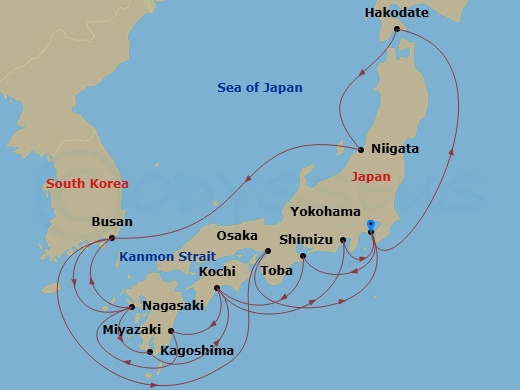 19 Night - Grand Circle Japan - Diamond Princess - Starting in Tokyo (Yokohama), Japan, Hakodate, Japan, Niigata, Japan, Busan, South Korea, Nagasaki, Japan, Kagoshima, Japan, Kochi, Japan, Shimizu (for Mount Fuji), Japan, Tokyo (Yokohama), Japan, Toba, Japan, Kochi, Japan, Miyazaki (Aburatsu), Japan, Nagasaki, Japan, Busan, South Korea, Kanmon Straits, Japan, Osaka (for Kyoto), Japan, Tokyo (Yokohama), Japan itinerary map