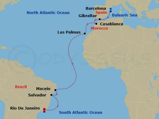 14 Night - Msc Grand Voyages - MSC Splendida - Starting in Barcelona, Spain, Gibraltar, Casablanca (Marrakesh), Morocco, Las Palmas de Gran Canaria (Canary Islands), Spain, Maceio, Brazil, Salvador, Brazil, Rio De Janeiro, Brazil itinerary map