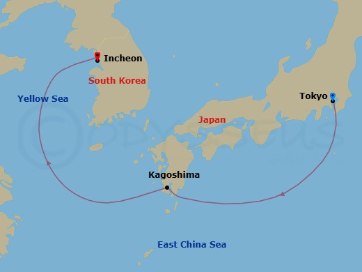 4 Night - Far East - MSC Bellissima - Starting in Tokyo, Japan, Kagoshima, Japan, Incheon, South Korea itinerary map