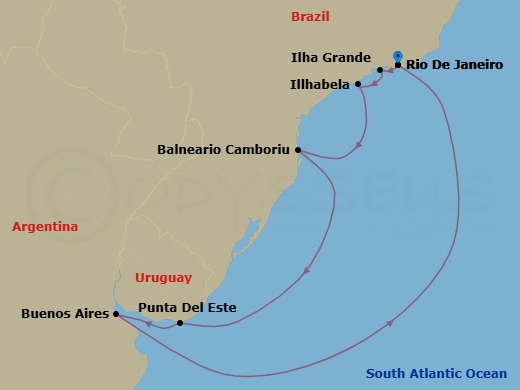 9 Night - South America - MSC Splendida - Starting in Rio De Janeiro, Brazil, Ilha Grande, Brazil, Ilhabela, Brazil, Camboriu, Brazil, Punta Del Este, Uruguay, Buenos Aires, Argentina, Rio De Janeiro, Brazil itinerary map