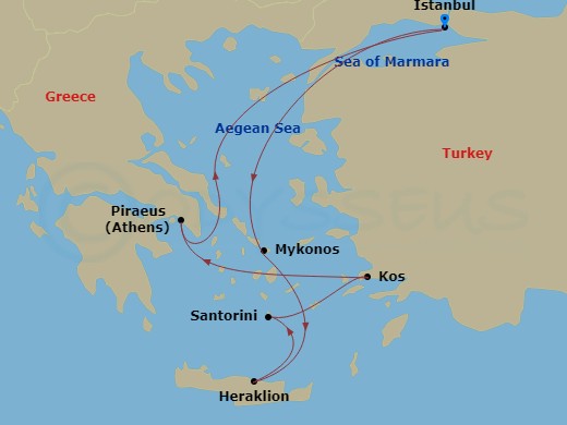 7 Night - Eastern Mediterranean Roundtrip from Istanbul - Costa Pacifica - Starting in Istanbul, Mykonos, Heraklion, Santorini, Kos, Athens (Piraeus), Istanbul itinerary map