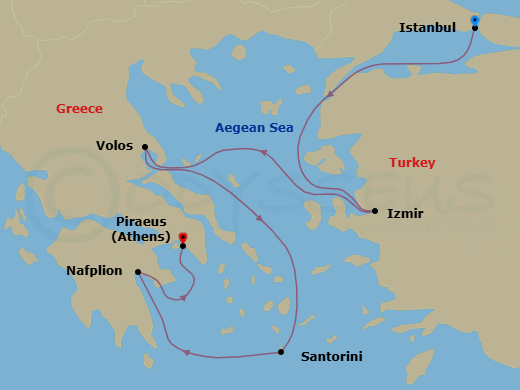 5 Night - Cruise from Istanbul to Athens (Piraeus) - Costa Pacifica - Starting in Istanbul, Izmir, Volos, Santorini, Nafplion, Athens (Piraeus) itinerary map
