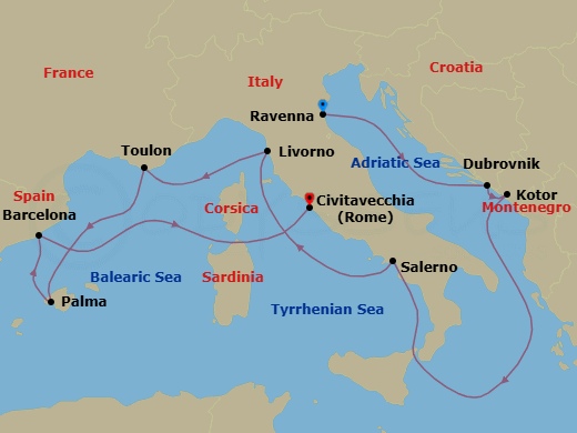 13 Night - Pre Venice Cruisetour - Norwegian Prima Tours - Starting in At Hotel, Venice (Ravenna), Italy, Dubrovnik, Croatia, Kotor, Montenegro, Amalfi Coast (Salerno), Italy, Livorno / Florence / Pisa, Italy, Toulon, France, Palma Majorca, Spain, Barcelona, Spain, Civitavecchia Rome, Italy itinerary map