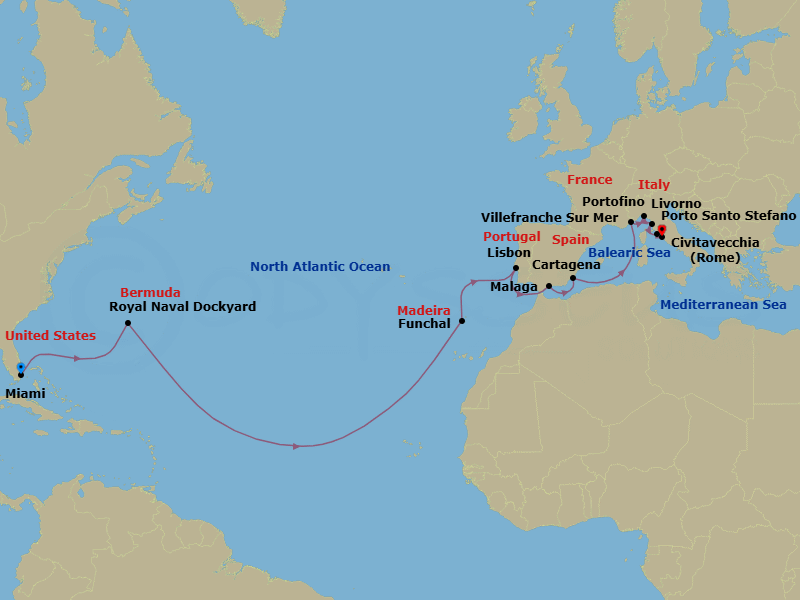 24 Night - Southern Europe from Miami to Rome (Civitavecchia) - Silver Nova - Starting in Miami, Royal Naval Dockyard, Funchal, Lisbon, Malaga, Cartagena ES, Villefranche, Portofino, Livorno, Porto Santo Stefano, Civitavecchia itinerary map