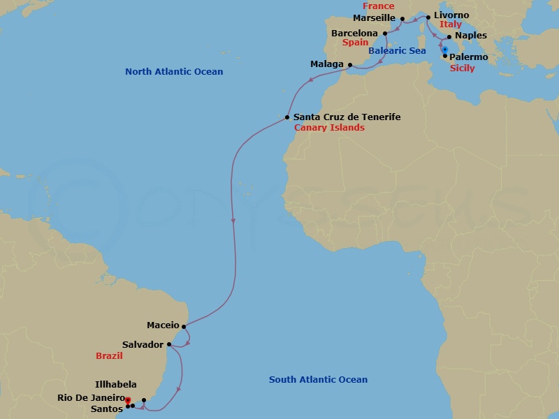 22 Night - Msc Grand Voyages - MSC Virtuosa - Starting in Palermo (Monreale), Italy, Naples (Pompeii), Italy, Livorno (Florence), Italy, Marseille (Provence), France, Barcelona, Spain, Malaga (Granada), Spain, Santa Cruz de Tenerife, Maceio, Brazil, Salvador, Brazil, Rio De Janeiro, Brazil, Ilhabela, Brazil, Santos (Sao Paulo), Brazil itinerary map