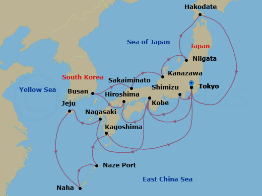 24 Night - Japan Roundtrip from Tokyo - Silver Muse - Starting in Tokyo, Shimizu, Kobe, Nagasaki, Jeju, Naha / Okinawa, Naze, Kagoshima, Tokyo, Kobe, Hiroshima, Busan, Sakaiminato, Kanazawa, Niigata, Hakodate, Tokyo itinerary map