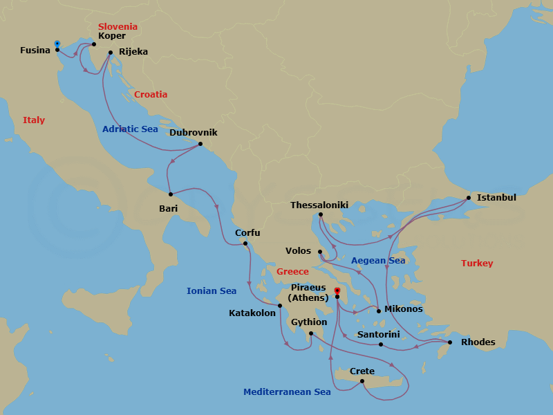 20 Night - Europe from Fusina to Athens - Silver Spirit - Starting in Fusina, Koper, Rijeka, Dubrovnik, Croatia, Bari, Corfu, Katakolon, Gythion, Souda Bay, Athens, Mykonos, Volos, Thessaloniki, Istanbul, Rhodes, Santorini, Athens itinerary map