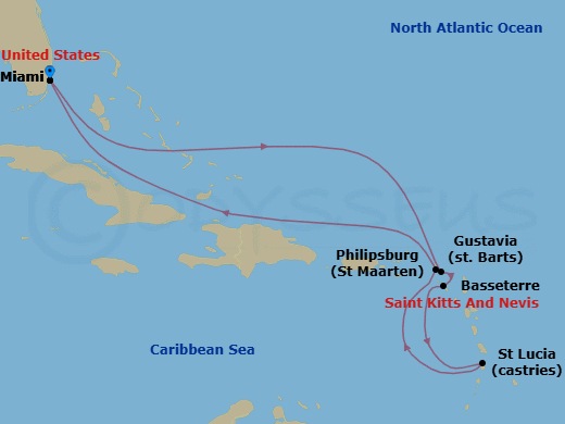 9 Night - Vibrant Island Culture - Seven Seas Prestige - Starting in Miami, Cruising the Bahamian Waters, Cruising the Atlantic Ocean, Gustavia, Basseterre, Castries, Philipsburg, Cruising the Atlantic Ocean, Miami itinerary map