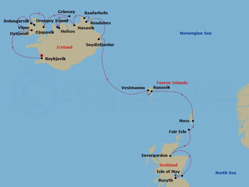 14 Night - Rosyth to Reykjavik - Silver Wind - Starting in Rosyth (Edinburgh), Scotland, Isle of May, Invergordon (Highland), Fair Isle, Scotland, Noss, Scotland, Runavik, Vestmanna, Faroe Islands, Seydisfjordur, Raudanes, Raufarhofn, Husavik, Hofsos, Drangey Island, Grimsey, Djupavik, Bolungarvik, Vigur Island, Dynjandi Waterfalls, Reykjavik itinerary map