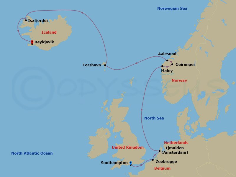 14 Night - Tower of London & Garden of England Pre Cruisetour - Norwegian Prima Tours - Starting in At Hotel, London (Southampton), United Kingdom, Zeebrugge / Brussels / Brugge, Belgium, Amsterdam / Ijmuiden, Netherlands, Maloy, Norway, Geiranger, Norway, Alesund, Norway, Torshavn, Faroe Islands, Isafjordur, Iceland, Reykjavik, Iceland itinerary map