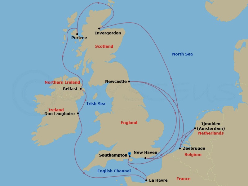 14 Night - Tower of London & Garden of England Pre Cruisetour - Norwegian Star Tours - Starting in At Hotel, London (Southampton), United Kingdom, Amsterdam / Ijmuiden, Netherlands, Zeebrugge / Brussels / Brugge, Belgium, Newcastle Upon Tyne, United Kingdom, Edinburgh (Newhaven), Scotland, United Kingdom, Invergordon (Inverness), United Kingdom, Portree, Scotland, United Kingdom, Belfast, Northern Ireland, United Kingdom, Dublin / Dun Laoghaire, Ireland, Le Havre / Paris, France, London (Southampton), United Kingdom itinerary map