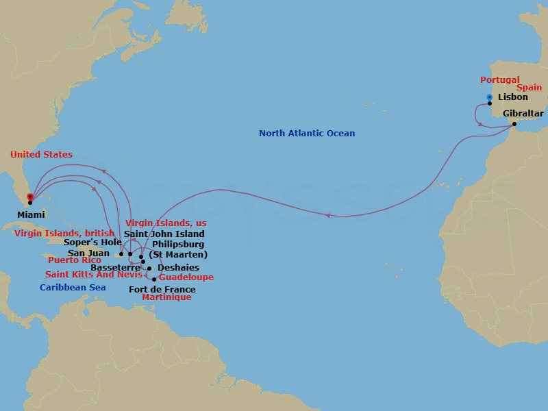 26 Night - Caribbean from Lisbon to Miami - Silver Nova - Starting in Lisbon, Gibraltar, Philipsburg, San Juan, Miami, Sopers Hole, St Kitts, Deshaies, Fort-de-France, St John VI, Miami itinerary map