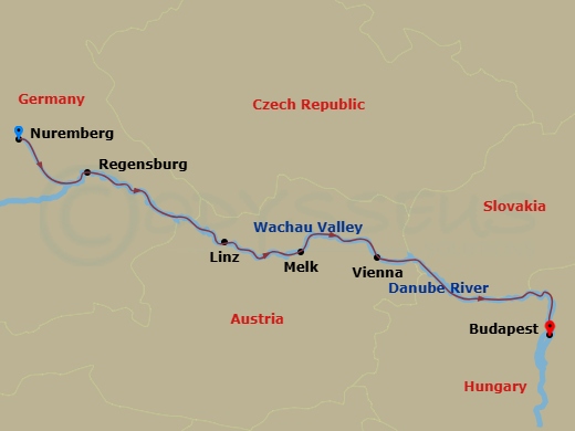 7 Night - Danube River - Christmas Markets - Celebrity Seeker - Starting in Nuremberg, Germany, Regensburg, Germany, Linz, Austria, Melk, Austria, Wachau Scenic, Vienna, Austria, Scenic Budapest, Budapest, Hungary itinerary map