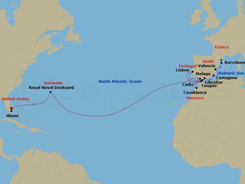 23 Night - Southern Europe from Barcelona to Miami - Silver Ray - Starting in Barcelona, Valencia, Cartagena ES, Malaga, Casablanca, Tangier, Cadiz, Lisbon, Gibraltar, Royal Naval Dockyard, Miami itinerary map