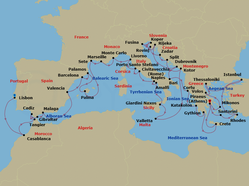 50 Night - Europe from Lisbon to Athens - Silver Spirit - Starting in Lisbon, Casablanca, Tangier, Cadiz, Gibraltar, Malaga, Valencia, Barcelona, Palamos, Palma De Mallorca, Sete, Marseille, Monte Carlo, Livorno, Porto Santo Stefano, Civitavecchia, Naples, Amalfi, Giardini Naxos, Valletta, Kotor, Split, Zadar, Rovinj, Fusina, Koper, Rijeka, Dubrovnik, Croatia, Bari, Corfu, Katakolon, Gythion, Souda Bay, Athens, Mykonos, Volos, Thessaloniki, Istanbul, Rhodes, Santorini, Athens itinerary map