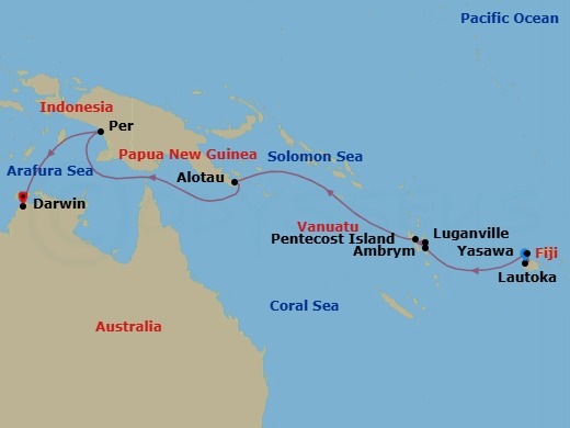 16 Night - Remote Indonesia & Papua New Guinea - Seabourn Pursuit - Starting in Lautoka, Fiji, Nabukeru, Yasawa Island, Fiji, Ambrym, Vanuatu, Pentecost Island, Vanuatu, Luganville, Espiritu Santo, Vanuatu, Alotau, Papua New Guinea, Per, Indonesia, Darwin, Australia itinerary map