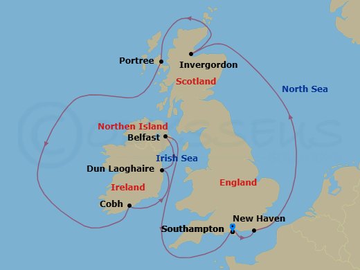 10 Night - Europe - British Isles - Norwegian Star - Starting in London (Southampton), United Kingdom, Edinburgh (Newhaven), Scotland, United Kingdom, Invergordon (Inverness), United Kingdom, Portree, Scotland, United Kingdom, Cork / Cobh, Ireland, Dublin / Dun Laoghaire, Ireland, Belfast, Northern Ireland, United Kingdom, London (Southampton), United Kingdom itinerary map
