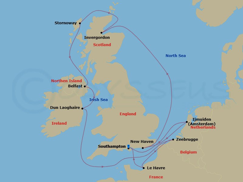 11 Night - Europe - British Isles - Norwegian Star - Starting in London (Southampton), United Kingdom, Amsterdam / Ijmuiden, Netherlands, Edinburgh (Newhaven), Scotland, United Kingdom, Invergordon (Inverness), United Kingdom, Stornoway, Scotland, United Kingdom, Belfast, Northern Ireland, United Kingdom, Dublin / Dun Laoghaire, Ireland, Zeebrugge / Brussels / Brugge, Belgium, Le Havre / Paris, France, London (Southampton), United Kingdom itinerary map