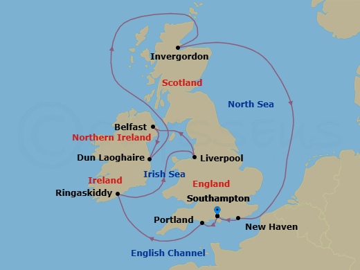 10 Night - Europe - British Isles - Norwegian Star - Starting in London (Southampton), United Kingdom, Portland UK, Ringaskiddy / Cork, Ireland, Liverpool, England, United Kingdom, Belfast, Northern Ireland, United Kingdom, Dublin / Dun Laoghaire, Ireland, Invergordon (Inverness), United Kingdom, Edinburgh (Newhaven), Scotland, United Kingdom, London (Southampton), United Kingdom itinerary map